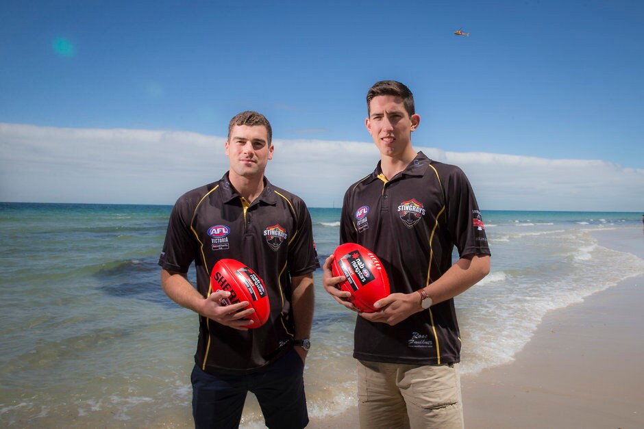 AFL 2015 Media - Jacob Weitering and Kieran Collins ADELAIDE, AUSTRALIA - NOVEMBER 22: Kieran Collins and Jacob Weitering during the AFL draft prospect media call at Glenelg Beach, Adelaide, Australia on November 22, 2015. (Photo by AFL Media)